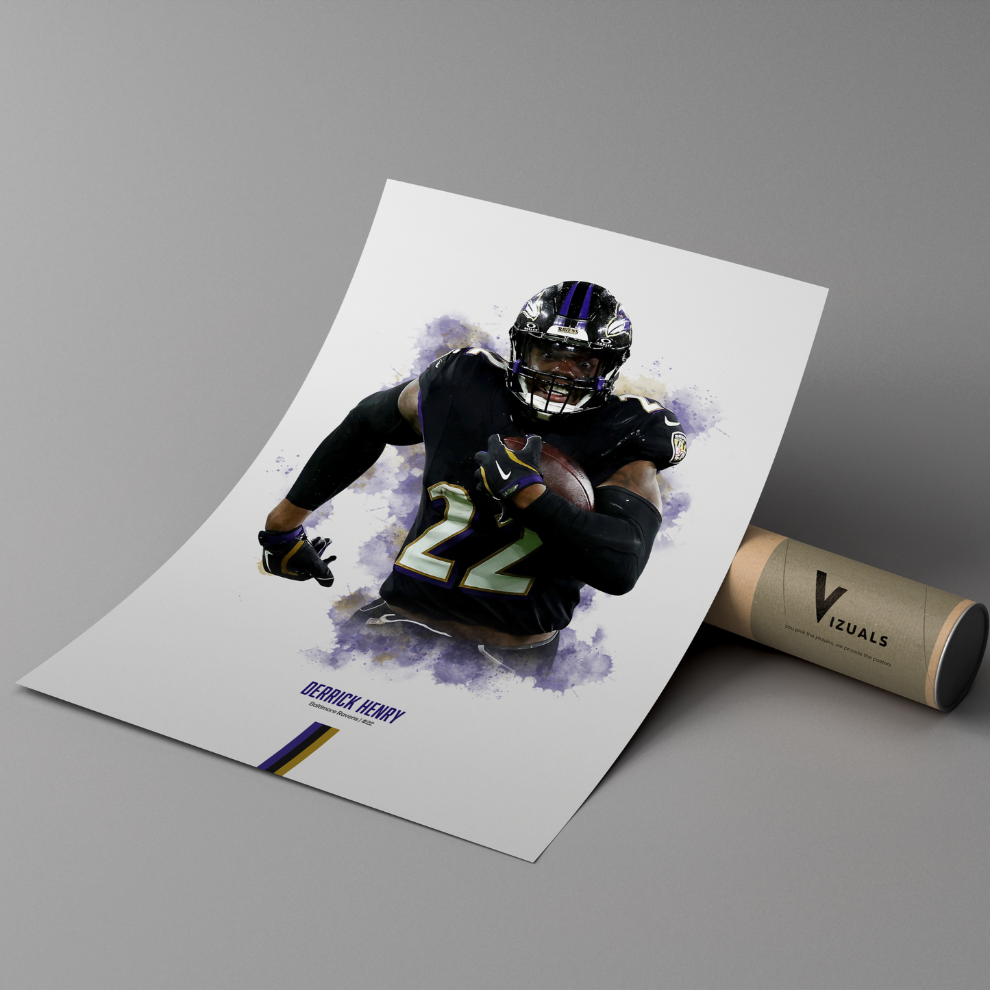 poster mockup leaning on a branded cardboard tube. poster of football player derrick henry playing for the baltimore ravens.