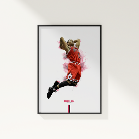 framed poster mockup hanging on a white wall. poster of basketball player derrick rose dunking for the chicago bulls.