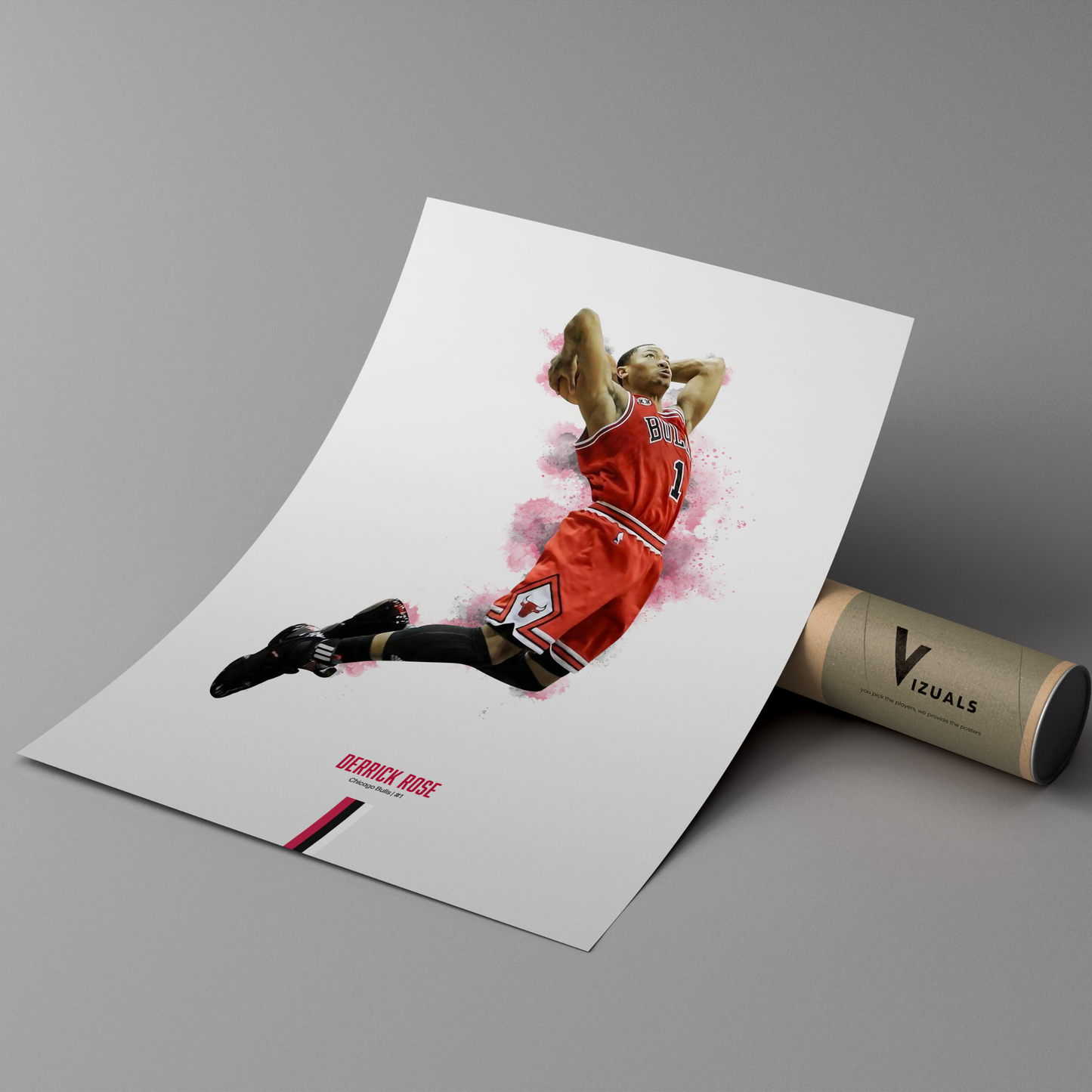 poster mockup leaning on a branded cardboard tube. poster of basketball player derrick rose dunking for the chicago bulls.