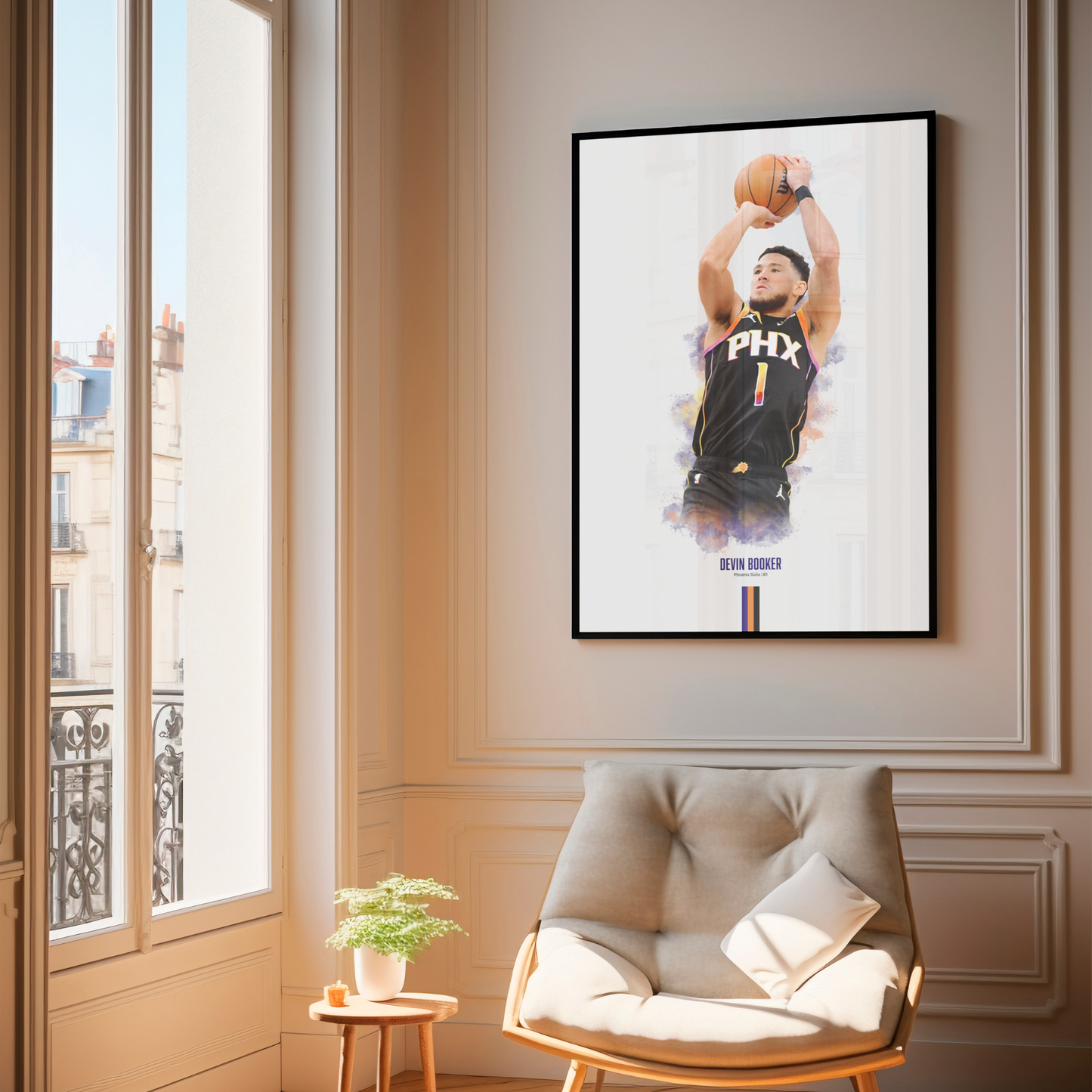 framed poster mockup hanging in a living room. poster of basketball player devin booker shooting for the Phoenix Suns.