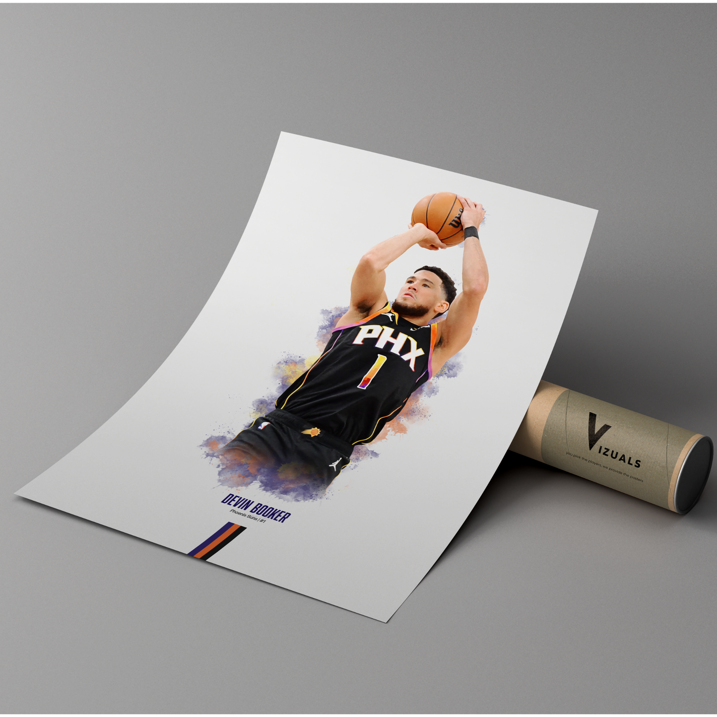 poster mockup leaning on a branded cardboard tube. poster of basketball player devin booker shooting for the Phoenix Suns.