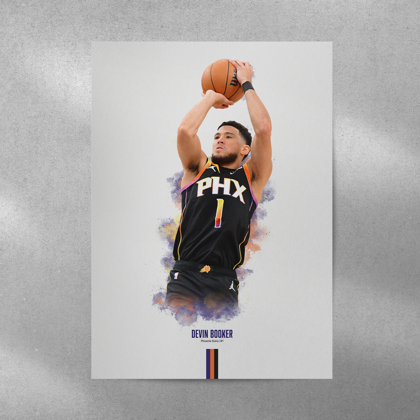 poster mockup on a grey wall. poster of basketball player devin booker shooting for the Phoenix Suns.