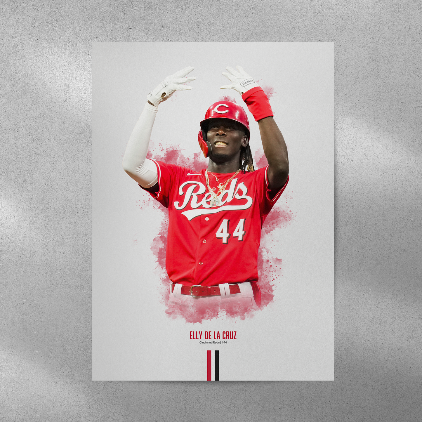 poster mockup on a grey wall. poster of baseball player elly de la cruz celebrating for the cincinnati reds.
