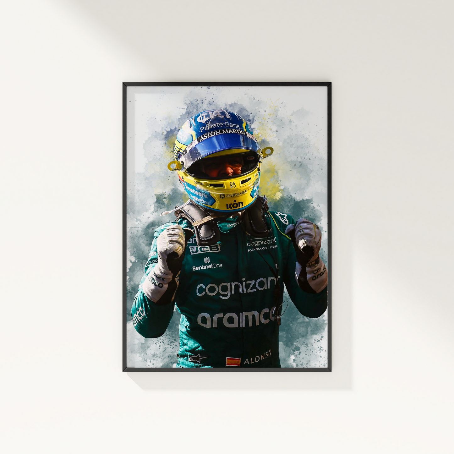 framed poster mockup hanging on a white wall. poster of formula 1 driver fernando alonso celebrating for aston martin.