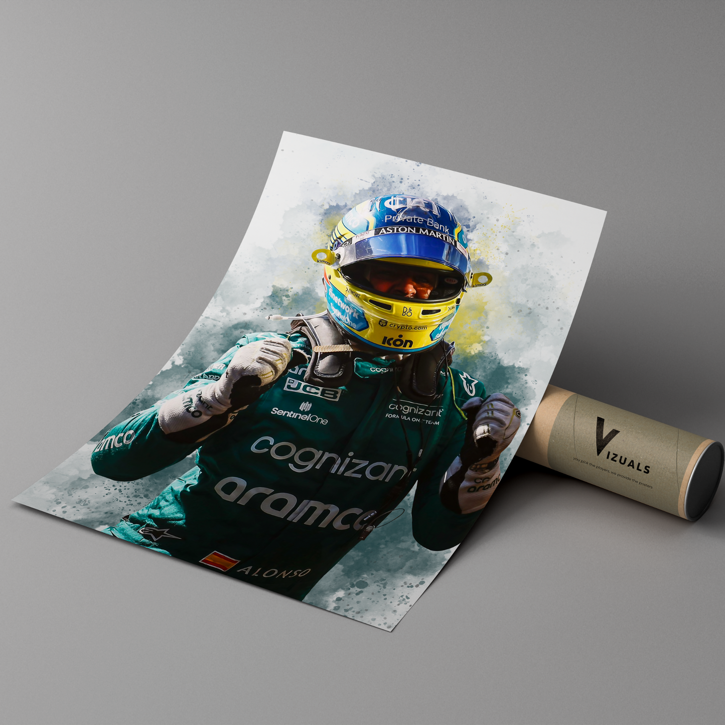 poster mockup leaning on a branded cardboard tube. poster of formula 1 driver fernando alonso celebrating for aston martin.