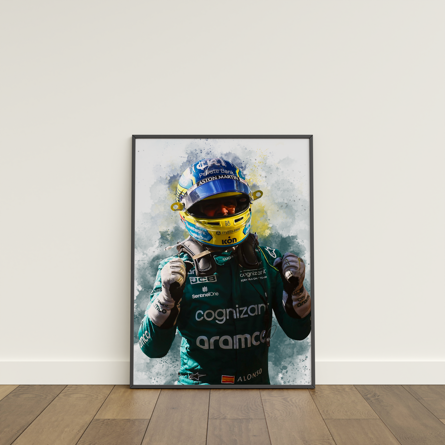 framed poster mockup leaning on a white wall. poster of formula 1 driver fernando alonso celebrating for aston martin.