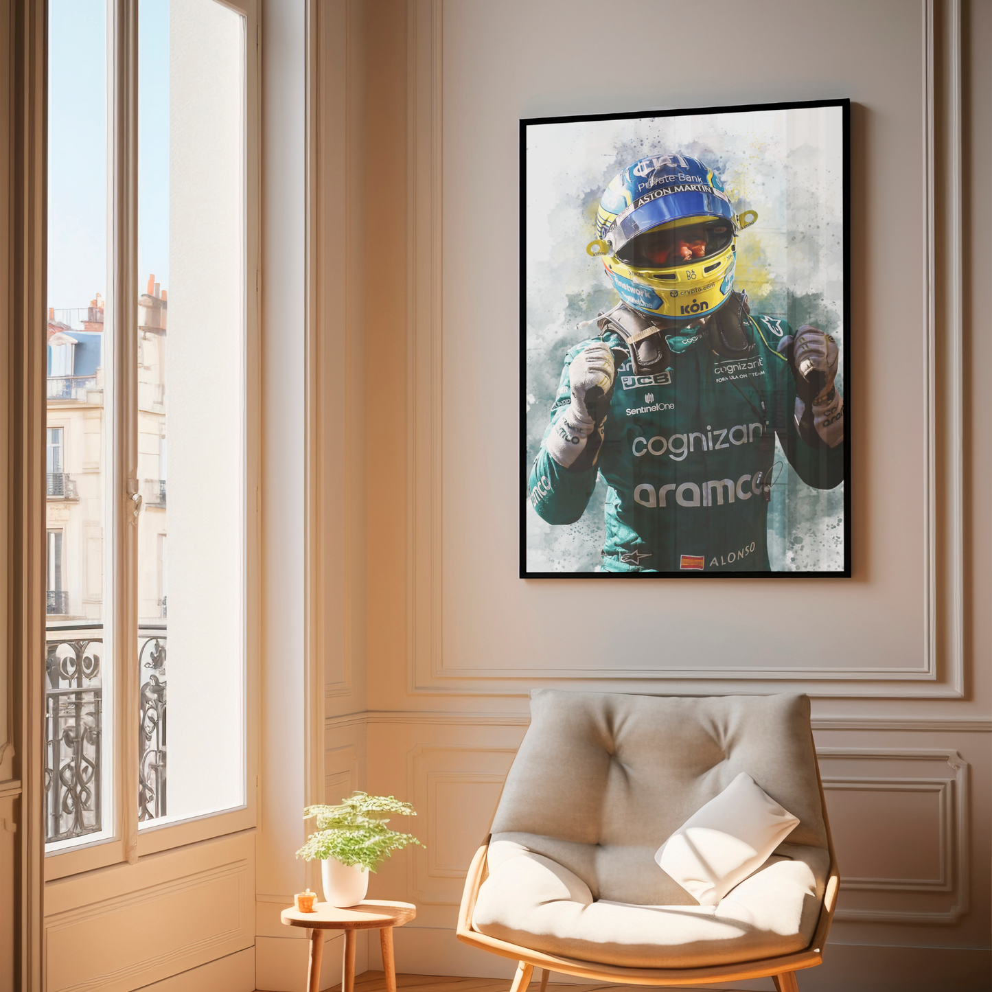 framed poster mockup hanging in a living room. poster of formula 1 driver fernando alonso celebrating for aston martin.