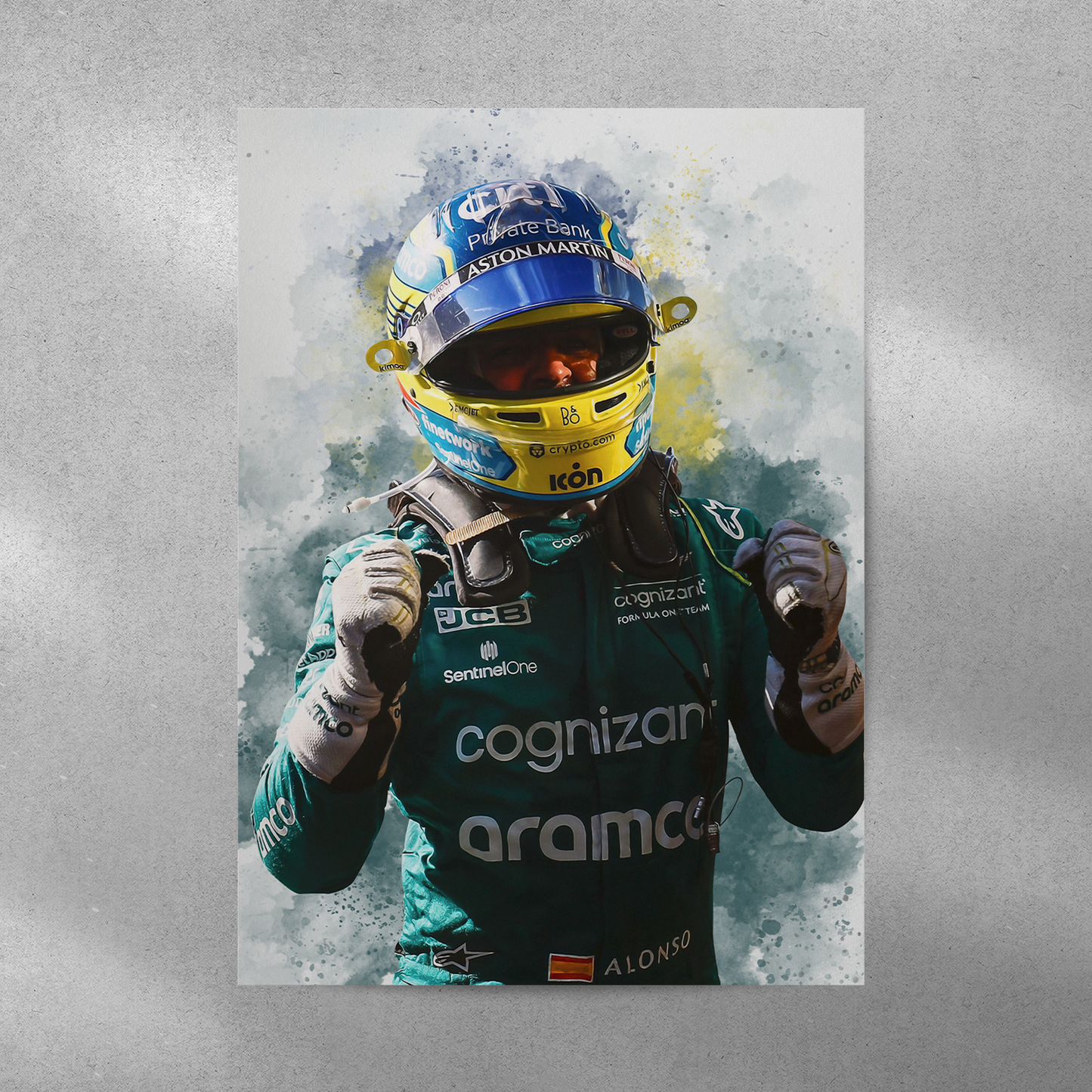 poster mockup on a grey wall. poster of formula 1 driver fernando alonso celebrating for aston martin.