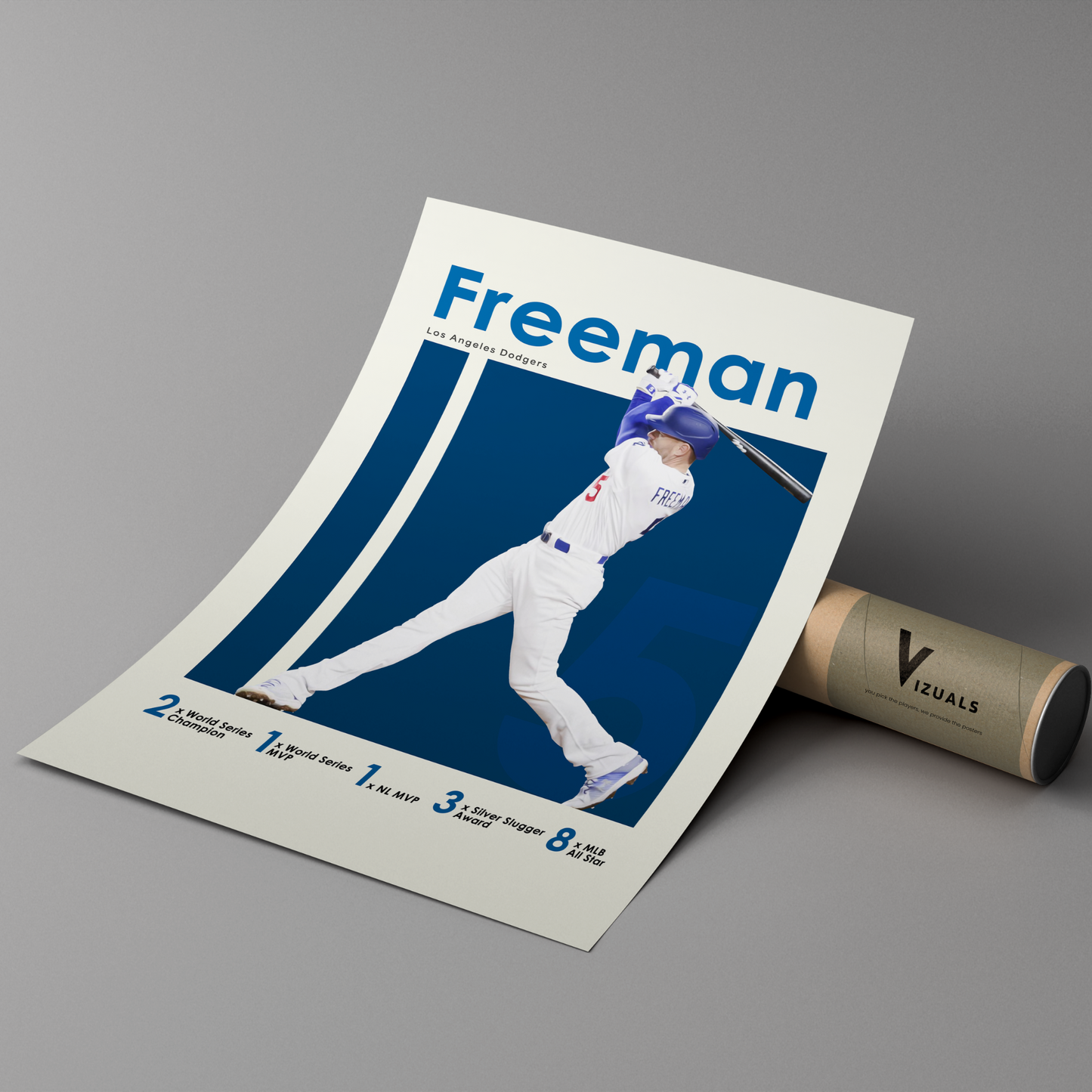 poster mockup leaning on a branded cardboard tube. poster of baseball player freddie freeman playing for the Los Angeles Dodgers.
