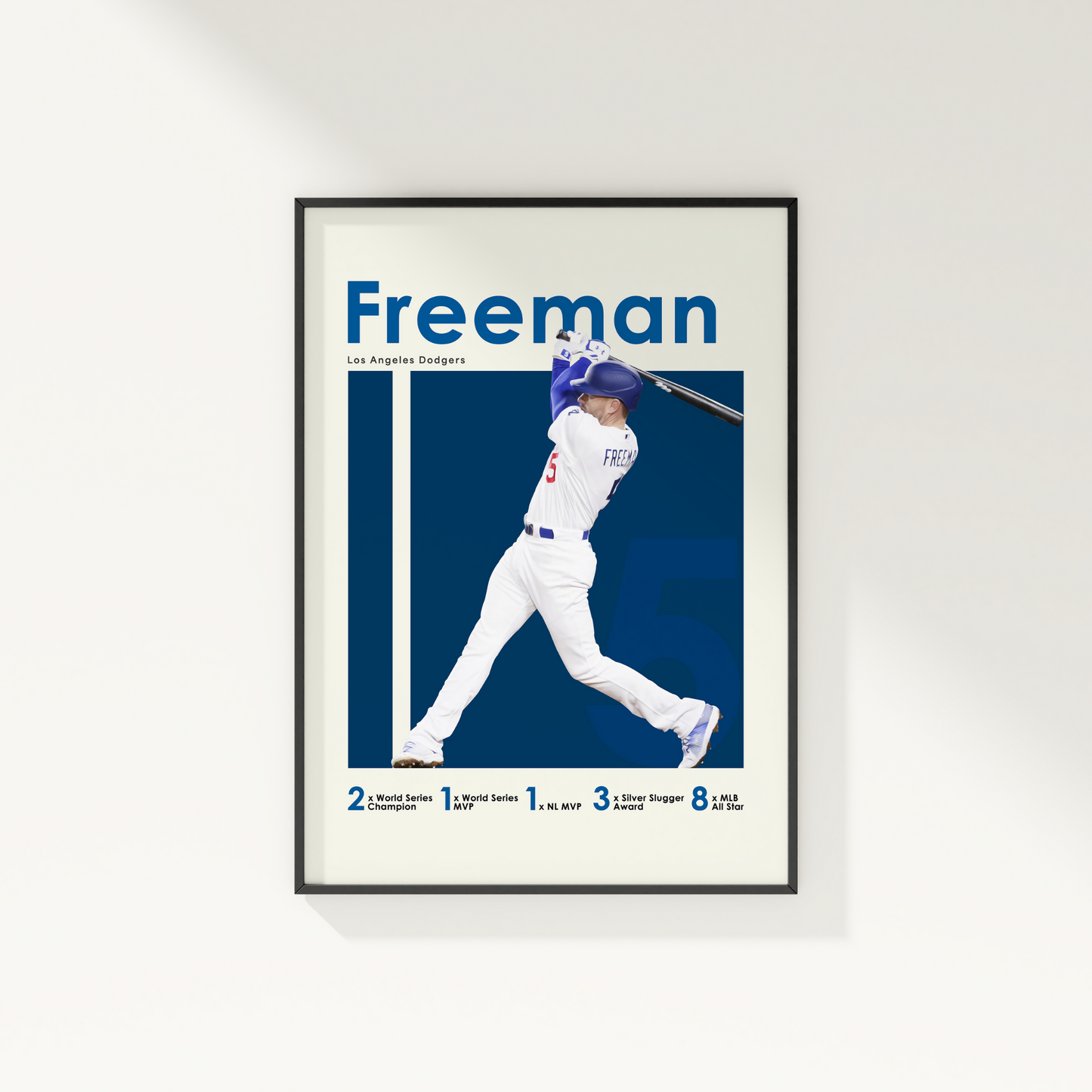 framed poster mockup hanging on a white wall. poster of baseball player freddie freeman playing for the Los Angeles Dodgers.