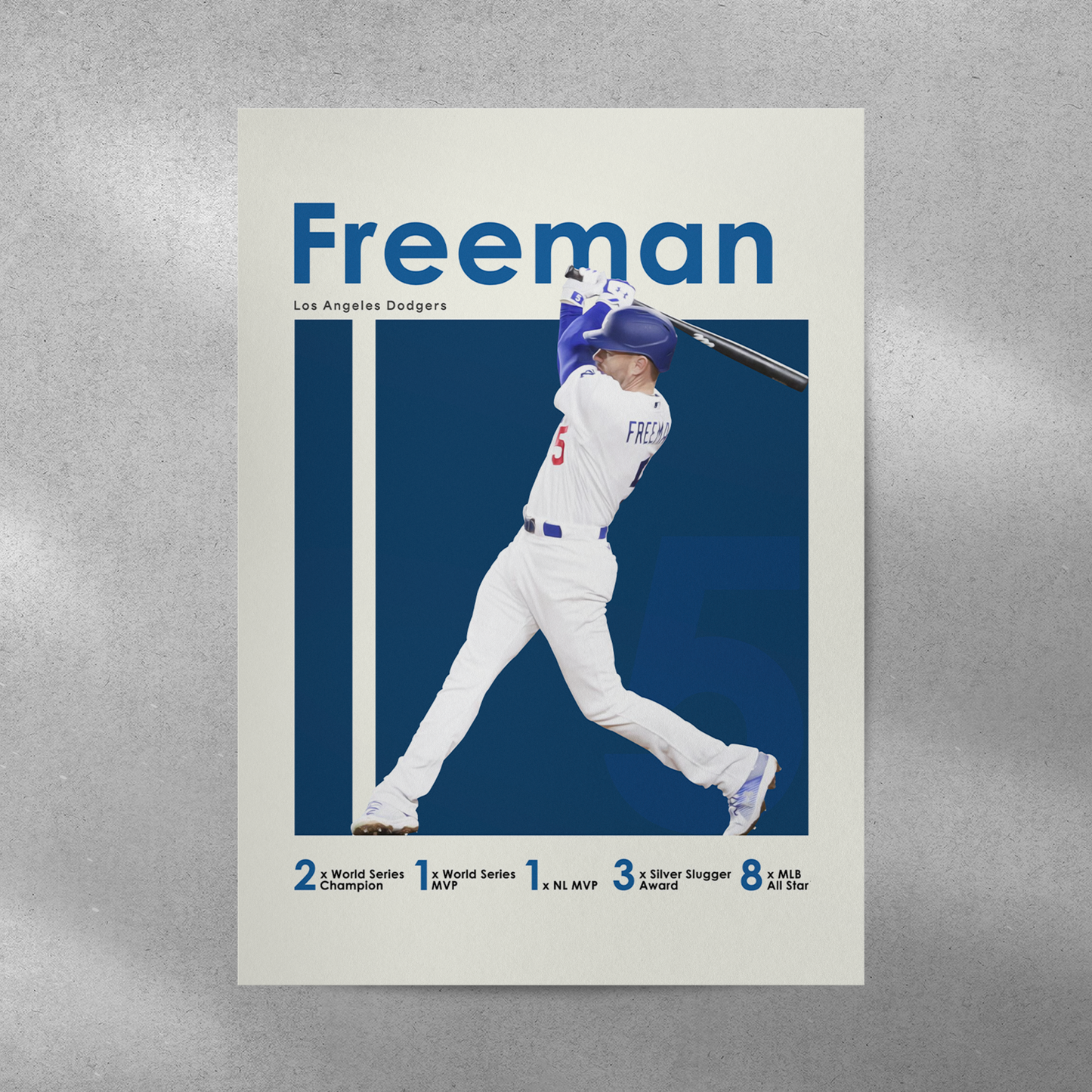 poster mockup on a grey wall. poster of baseball player freddie freeman playing for the Los Angeles Dodgers.