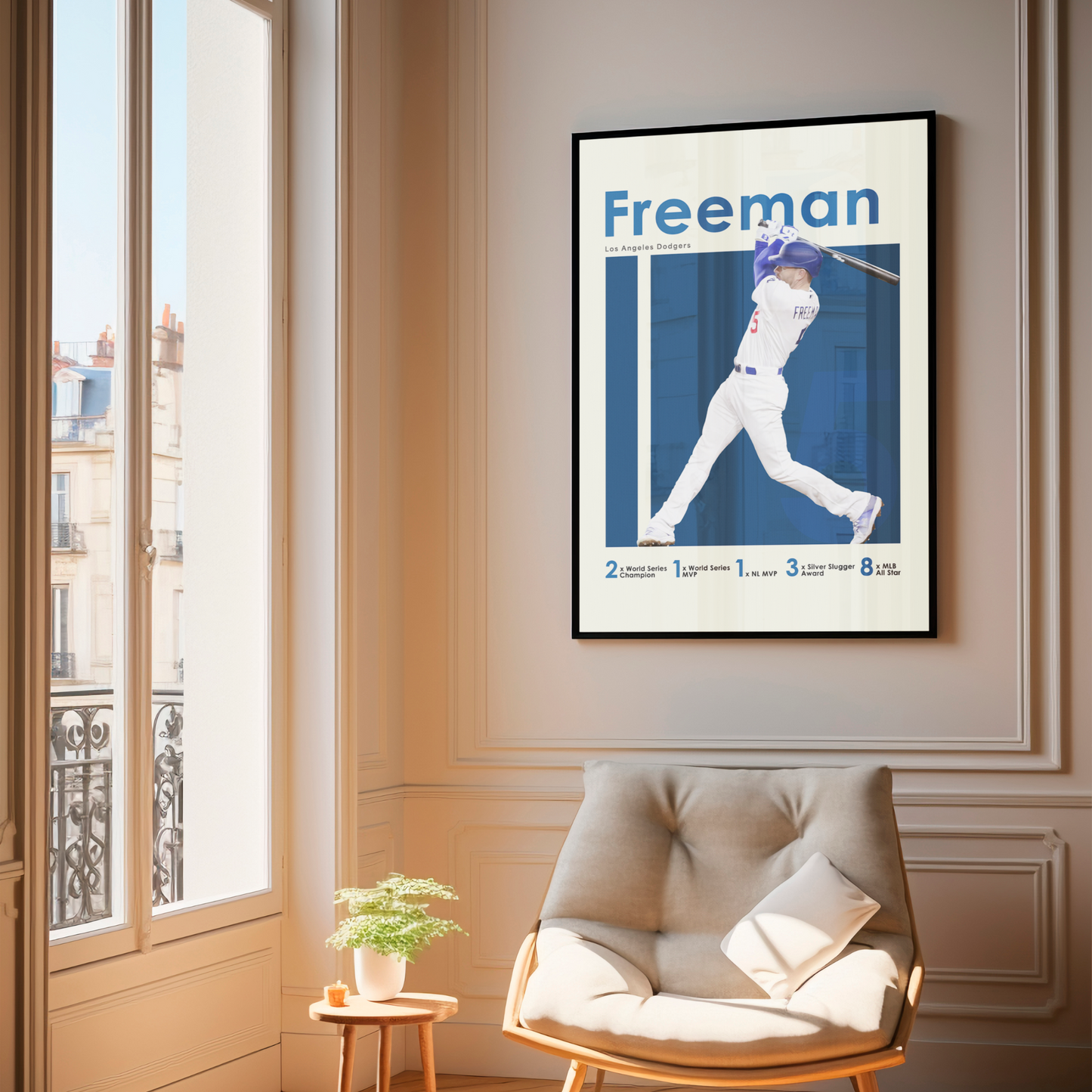 framed poster mockup hanging in a living room. poster of baseball player freddie freeman playing for the Los Angeles Dodgers.