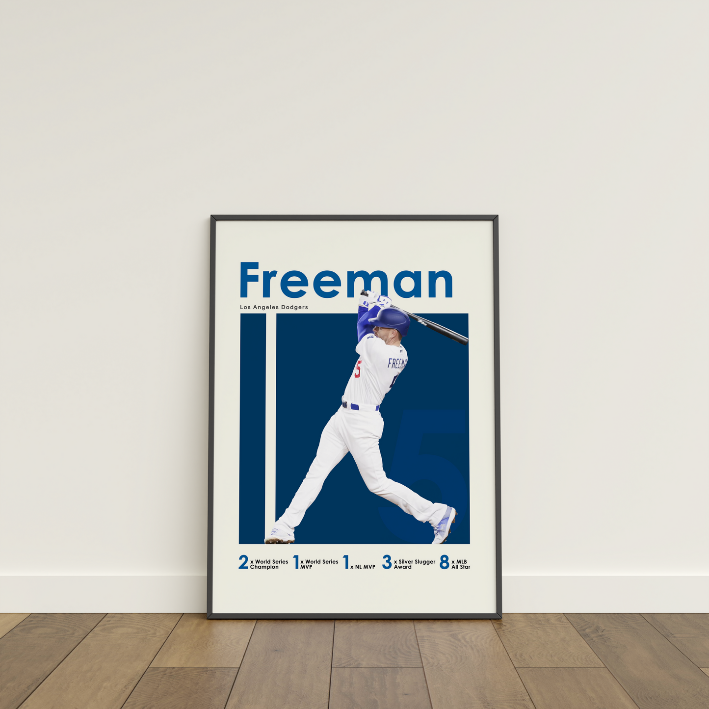 framed poster mockup leaning on a white wall. poster of baseball player freddie freeman playing for the Los Angeles Dodgers.