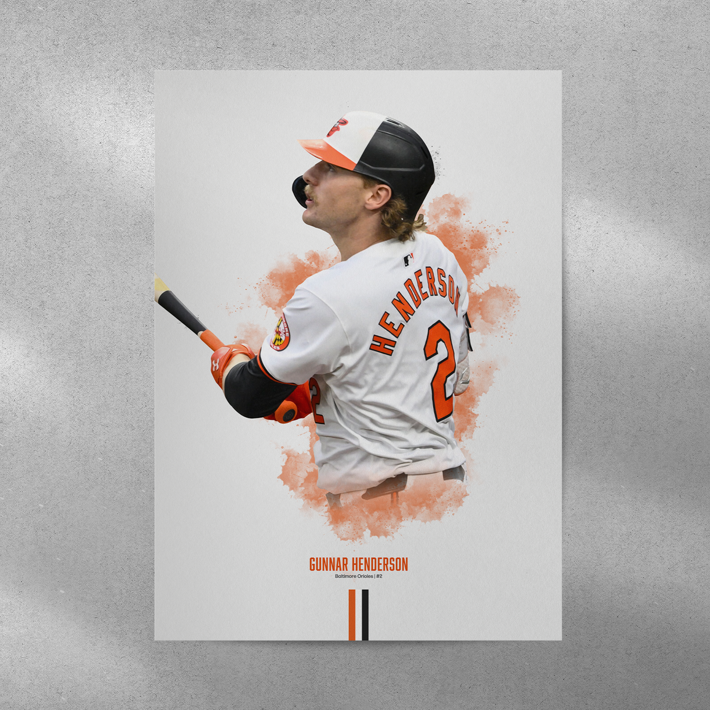 poster mockup on a grey wall. poster of baseball player gunnar henderson playing for the baltimore orioles.