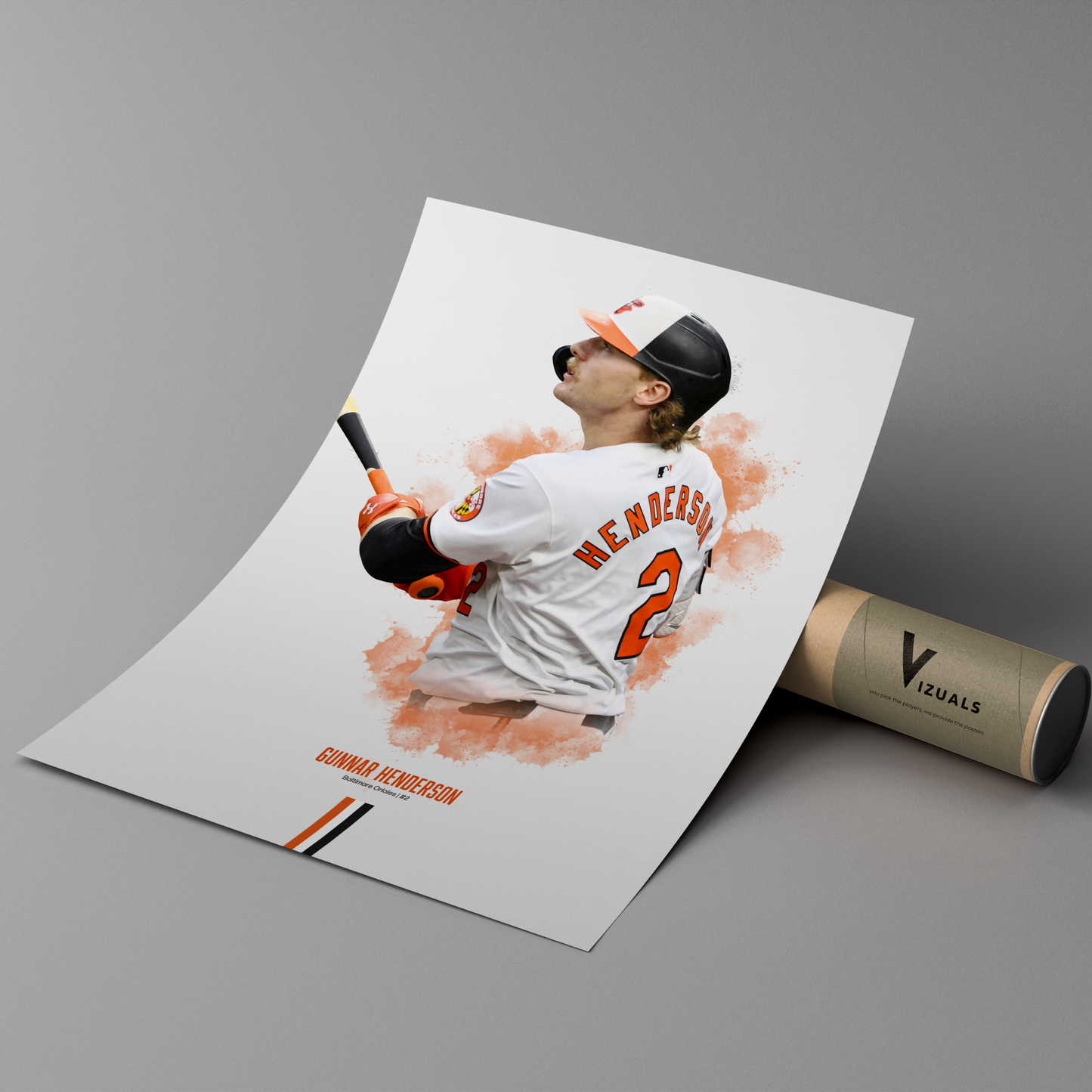 poster mockup leaning on a branded cardboard tube. poster of baseball player gunnar henderson playing for the baltimore orioles.