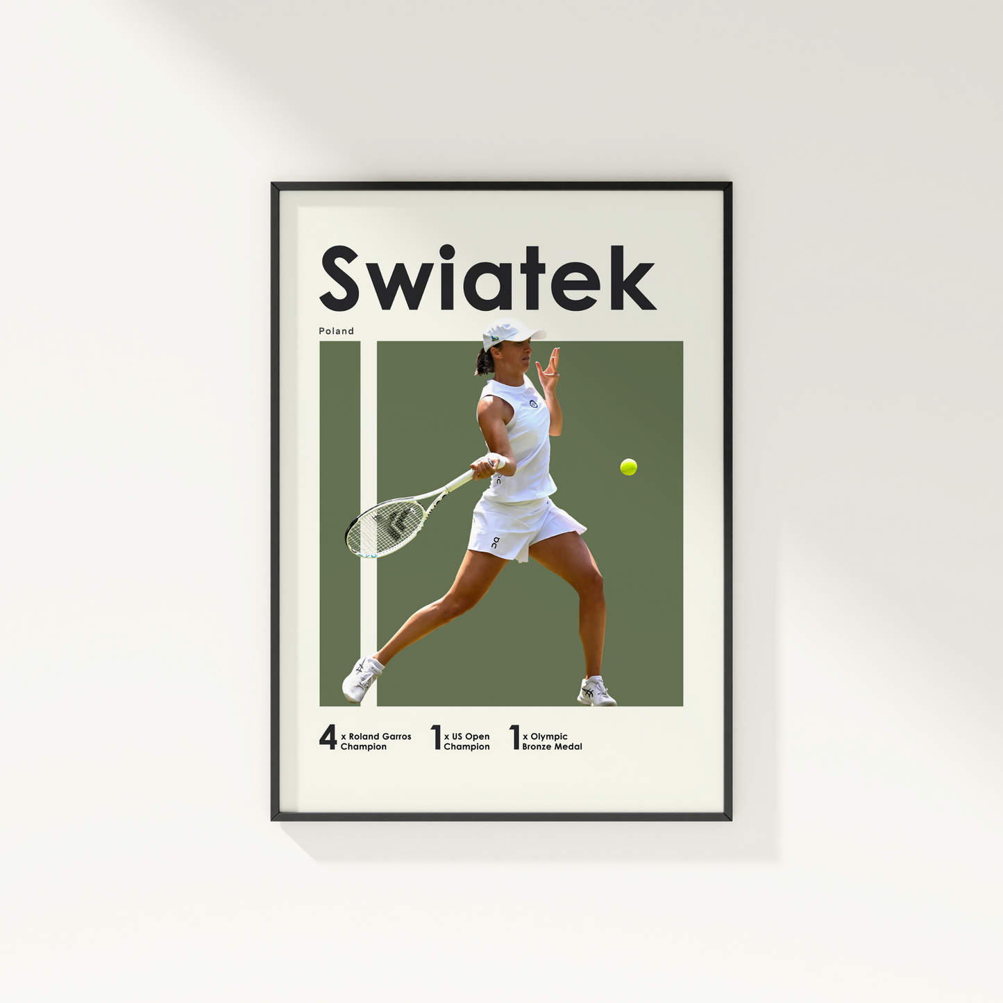 framed poster mockup hanging on a white wall. poster of tennis player Iga Swiatek hitting a forehand.
