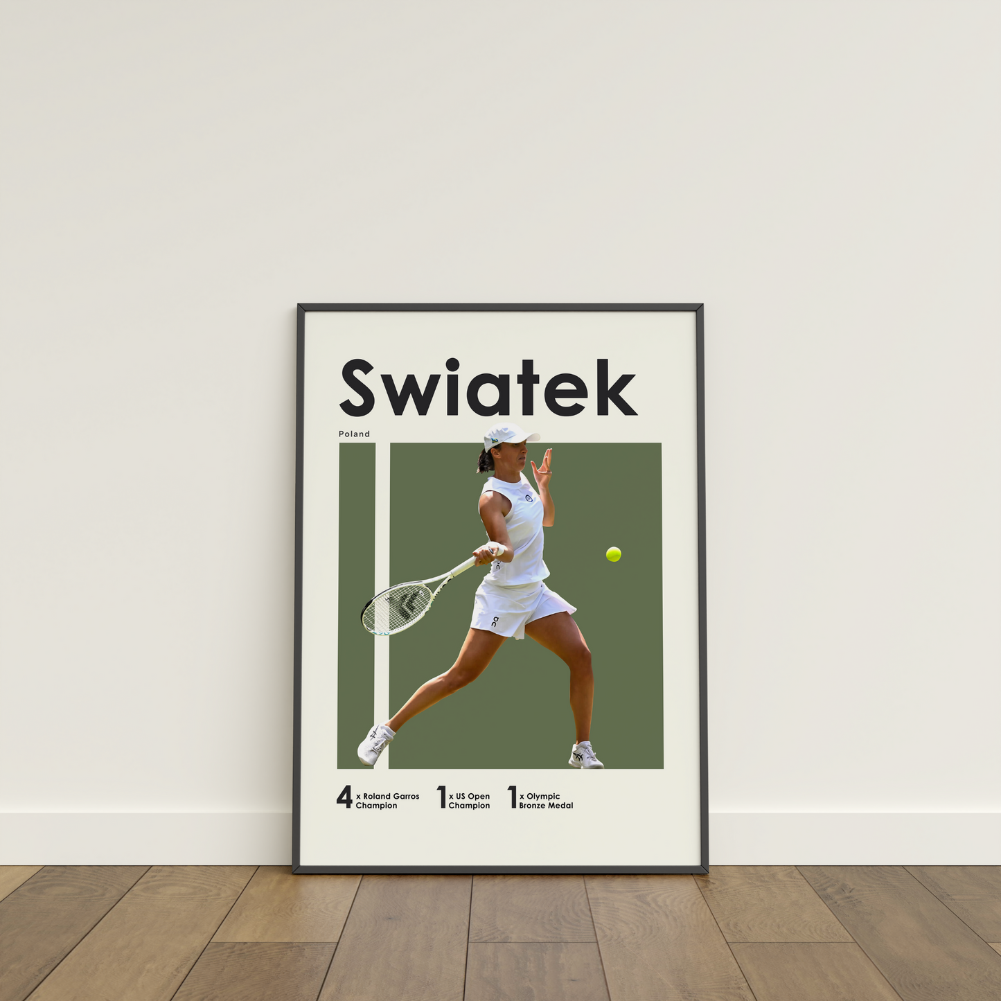 framed poster mockup leaning on a white wall. poster of tennis player Iga Swiatek hitting a forehand.