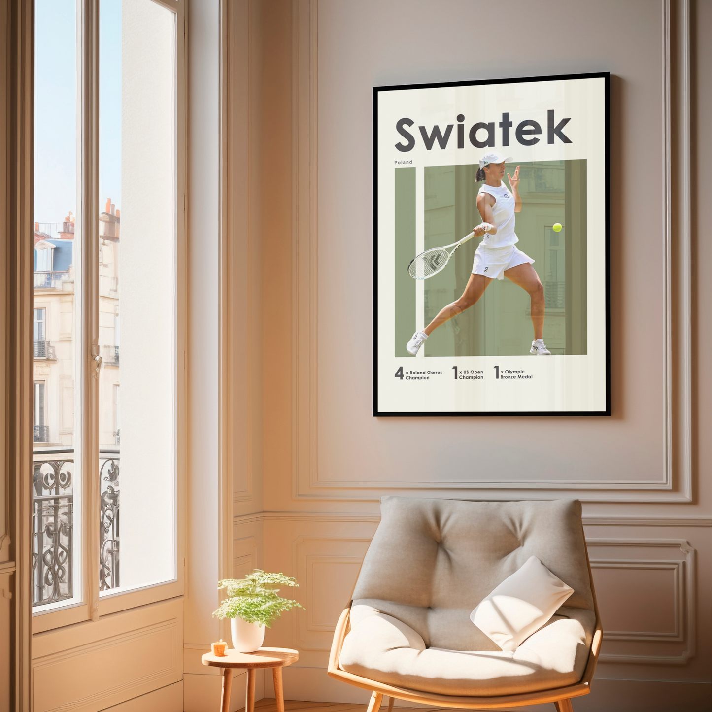 framed poster mockup hanging in a living room. poster of tennis player Iga Swiatek hitting a forehand.