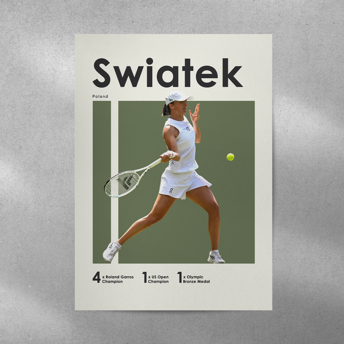 poster mockup on a grey wall. poster of tennis player Iga Swiatek hitting a forehand.