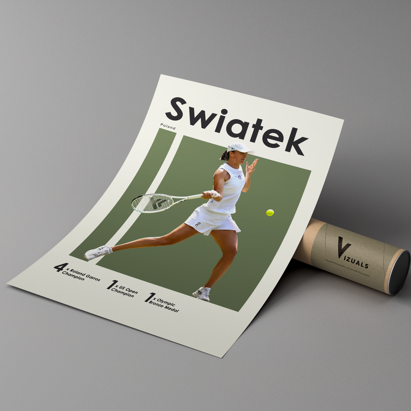 poster mockup leaning on a branded cardboard tube. poster of tennis player Iga Swiatek hitting a forehand.