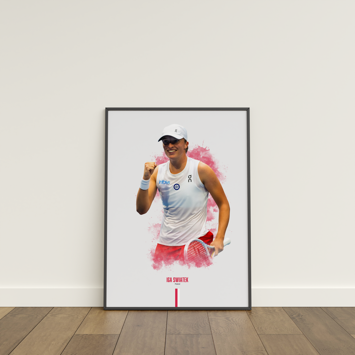 Framed poster of tennis player Iga Swiatek holding a racket on a white wall.