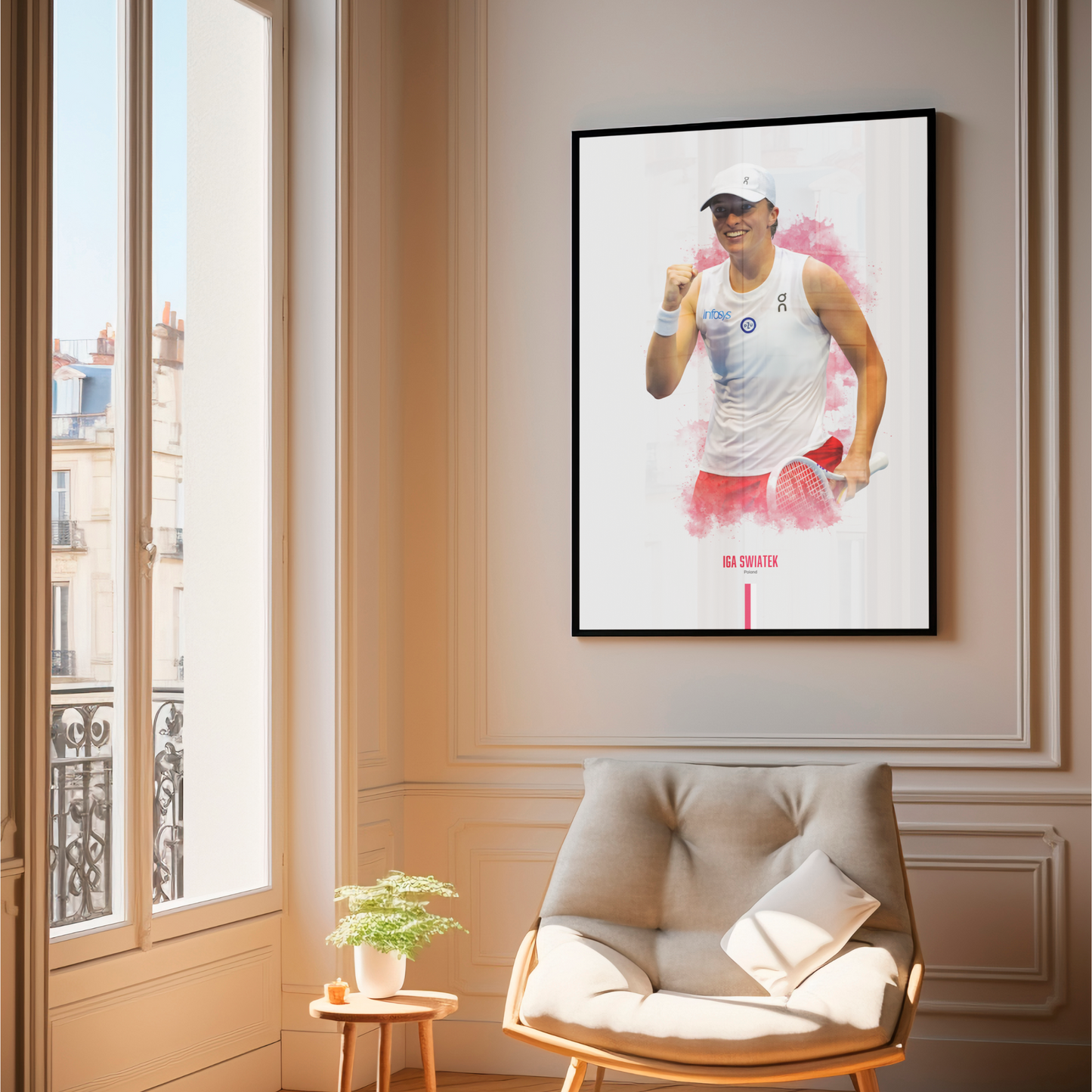 Framed poster of tennis player Iga Swiatek holding a racket on a wall above a chair.