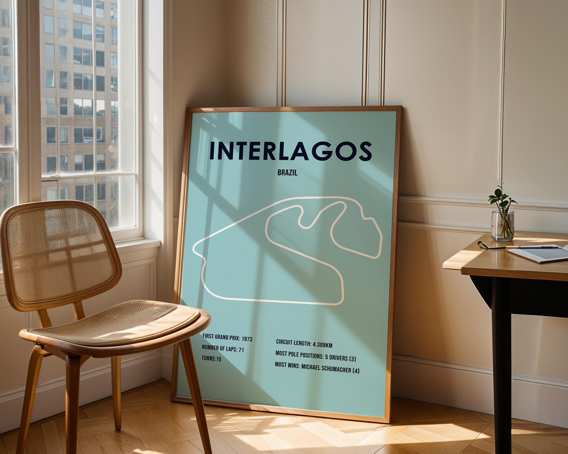 Poster of Interlagos race track in a room with a chair and table.