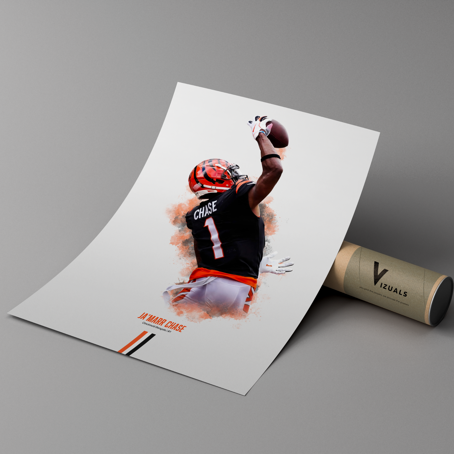 poster mockup leaning on a branded cardboard tube. poster of football player ja'marr chase playing for the Cincinnati Bengals.