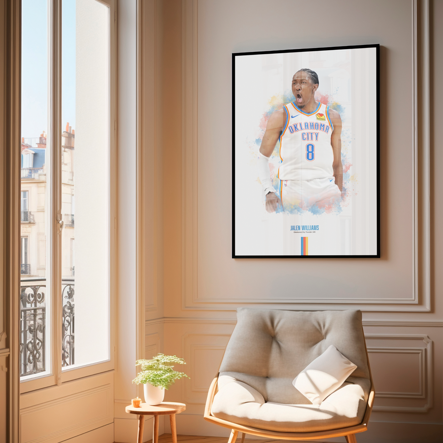 Framed poster of basketball player Jalen Williams wearing a Thunder jersey on a wall above a chair.