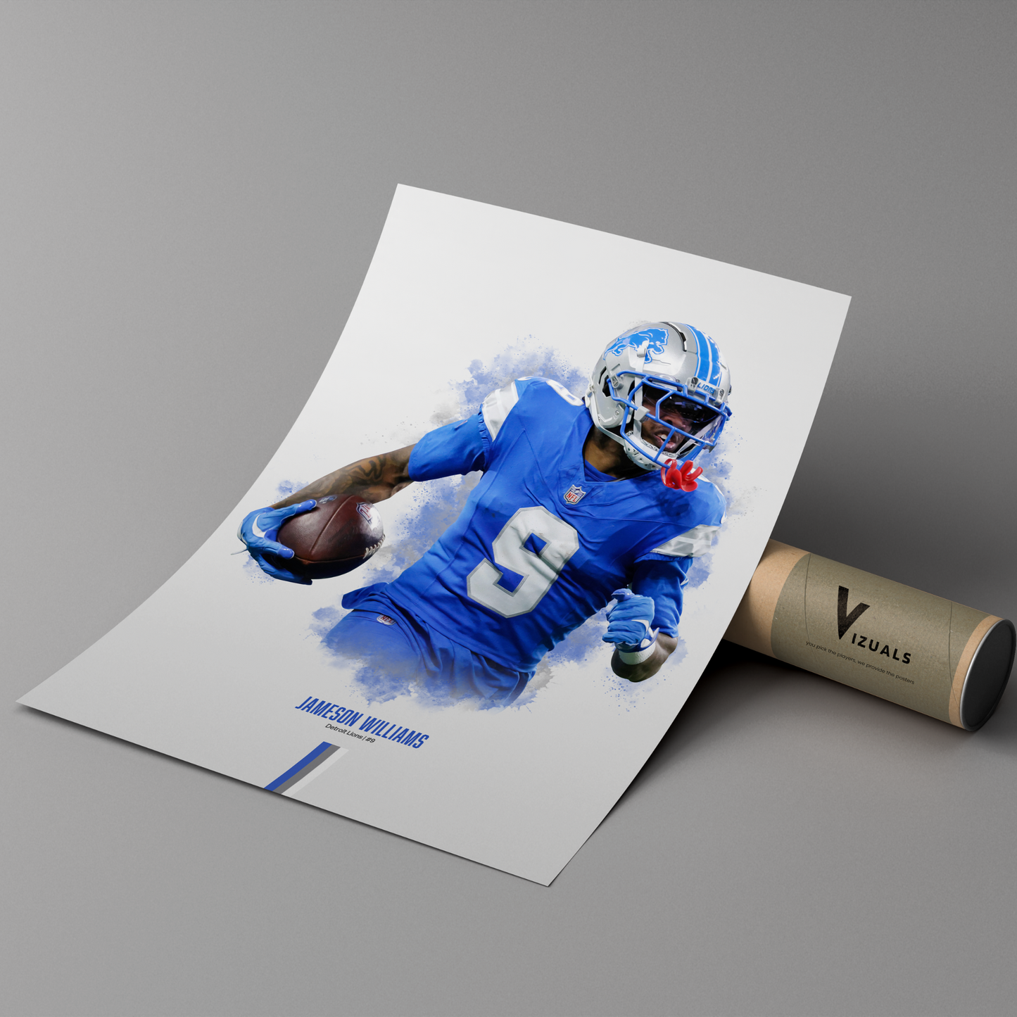 poster mockup leaning on a branded cardboard tube. poster of football player jameson williams playing for the detroit lions.