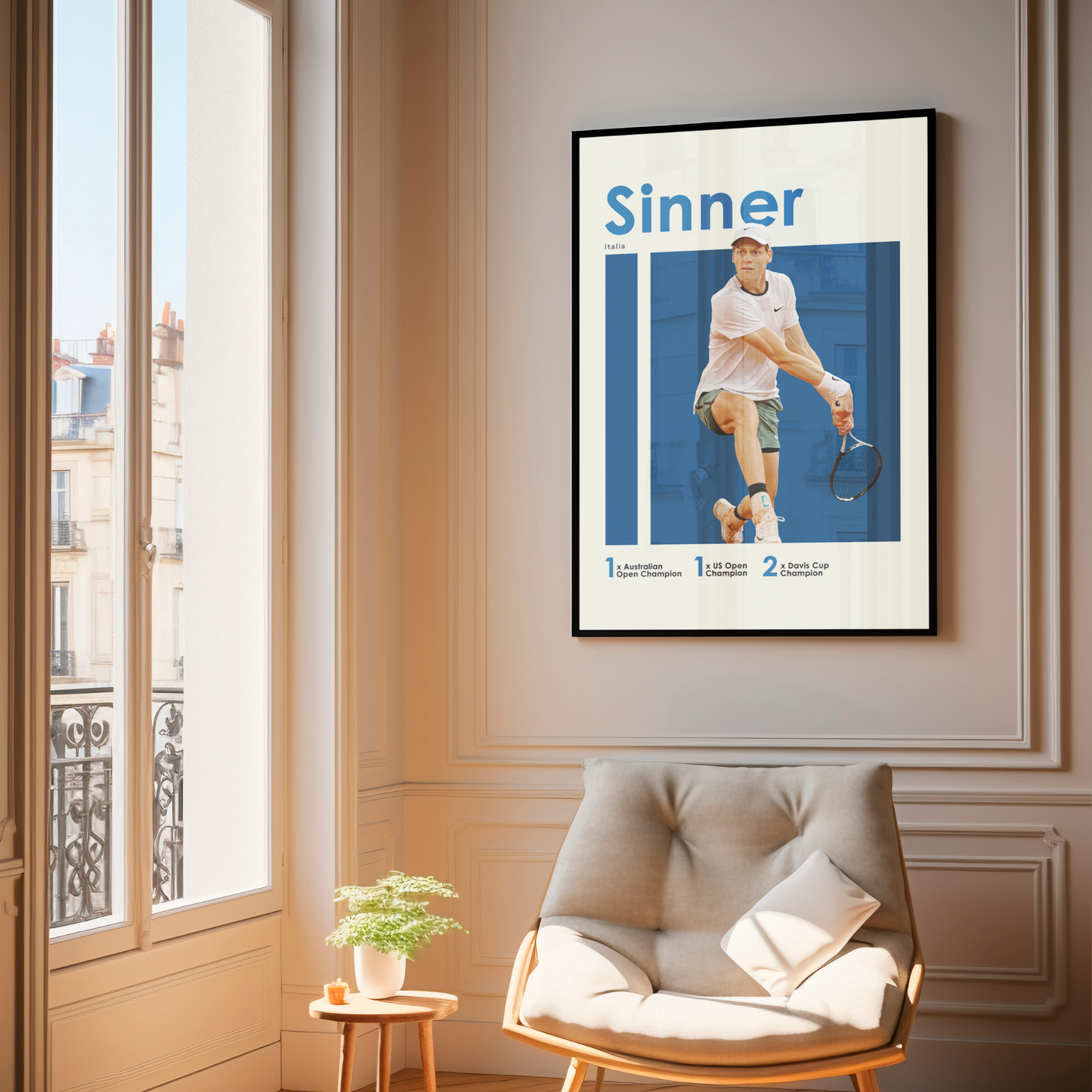 framed poster mockup hanging in a living room. poster of tennis player jannik sinner.