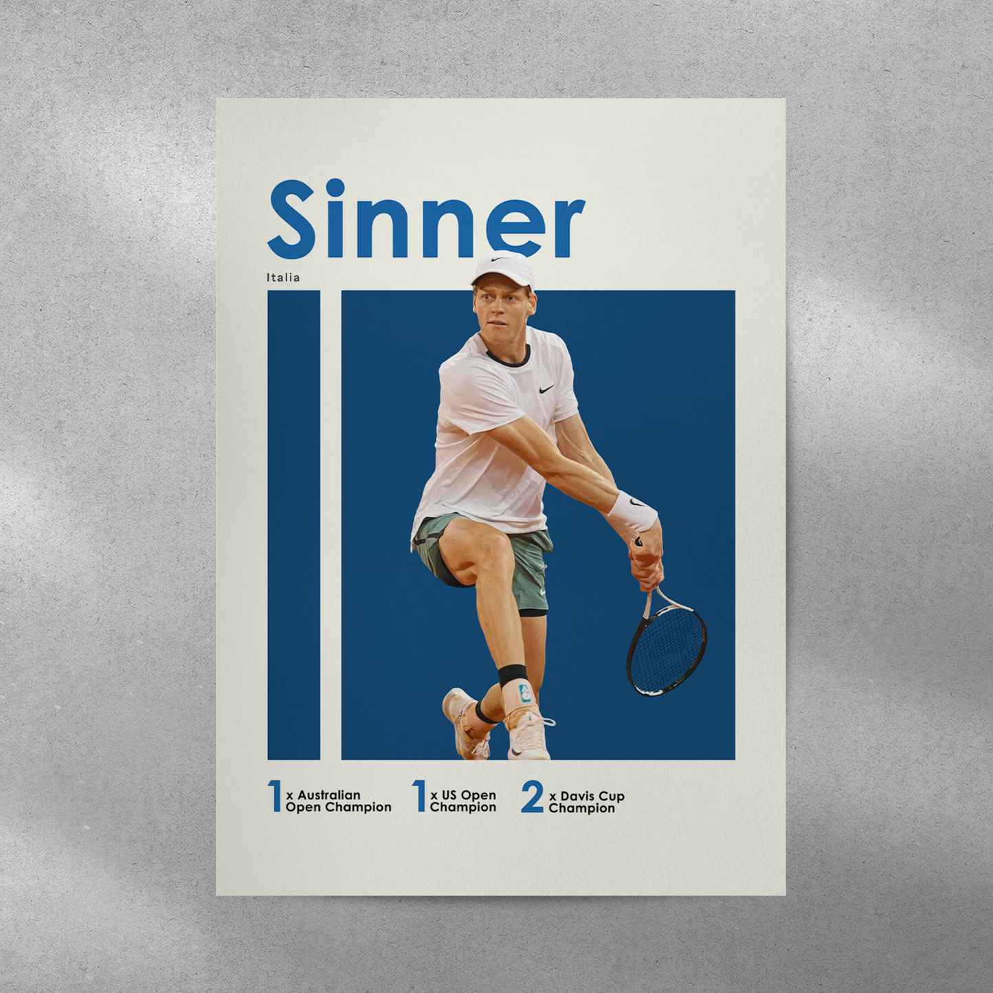 poster mockup on a grey wall. poster of tennis player jannik sinner.
