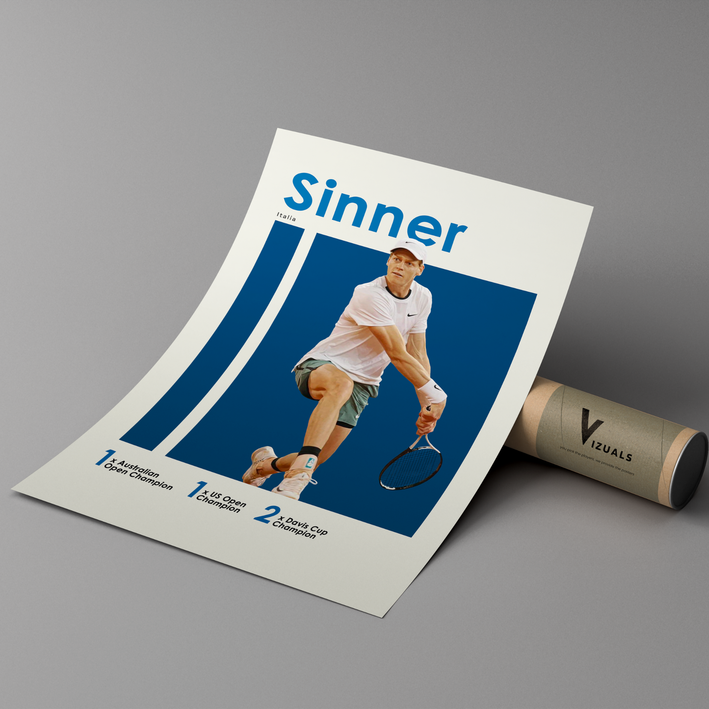 poster mockup leaning on a branded cardboard tube. poster of tennis player jannik sinner.