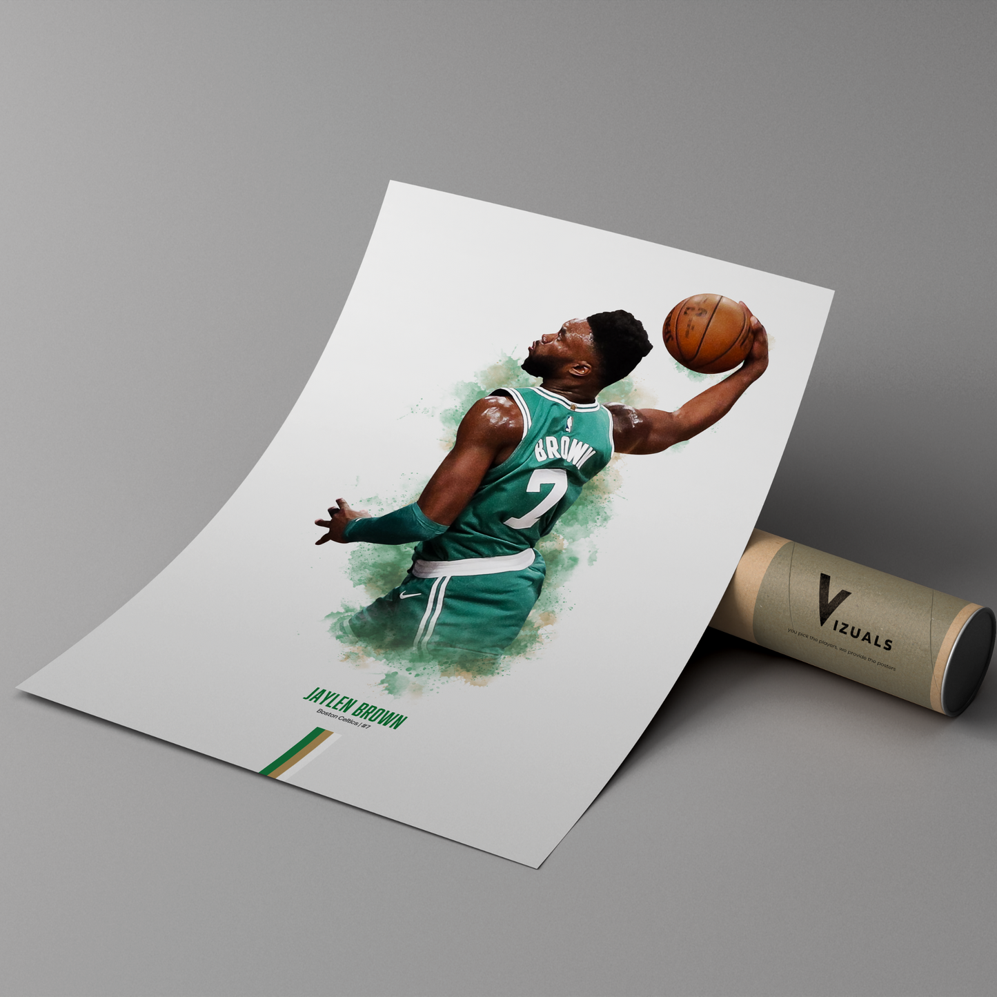 poster mockup leaning on a branded cardboard tube. poster of basketball player jaylen brown dunking for the Boston Celtics.
