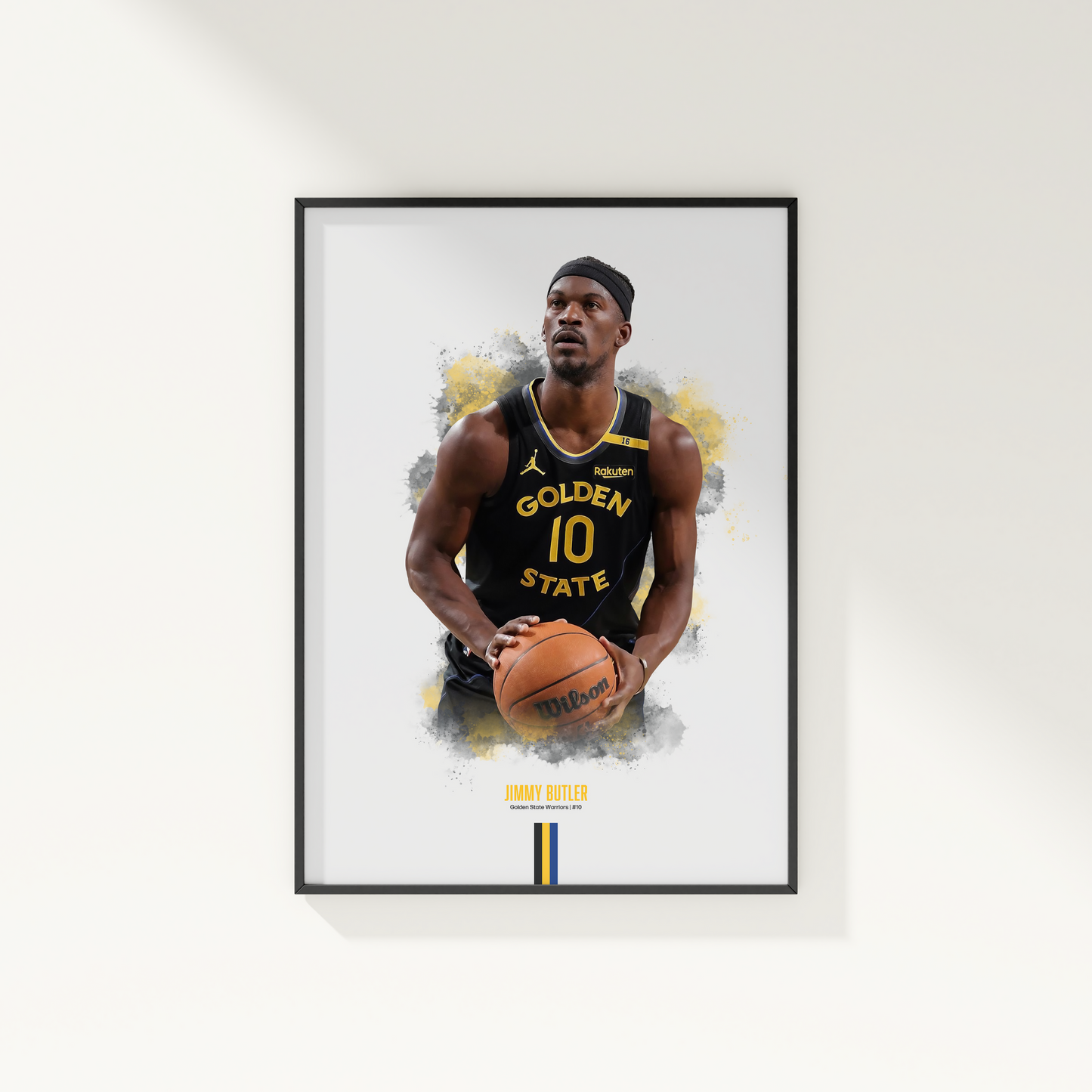 A framed poster of Jimmy Butler in a Golden State Warriors basketball uniform, holding a basketball, with a white background.