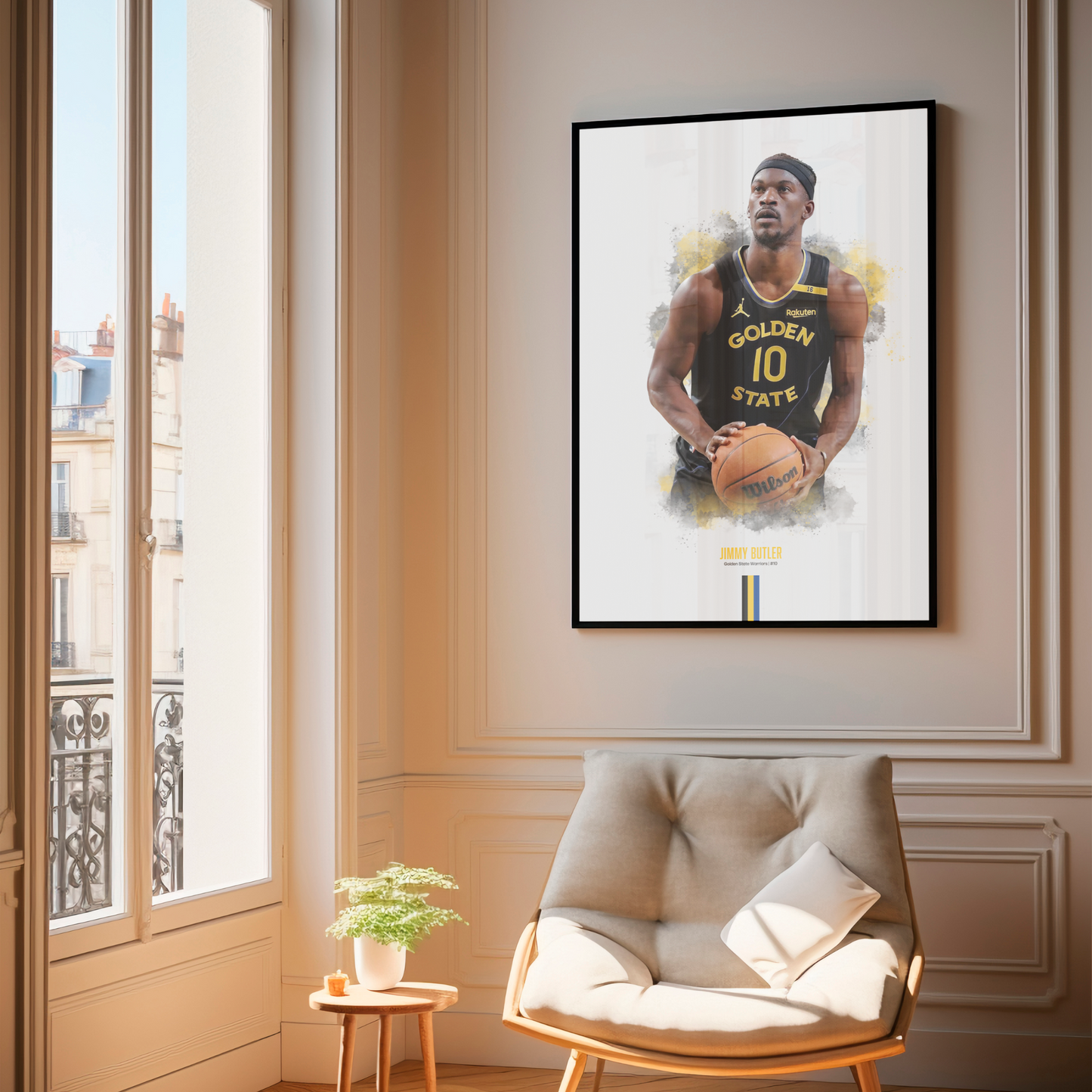 A framed poster of Jimmy Butler in a Golden State Warriors basketball uniform, holding a basketball, with a white background.