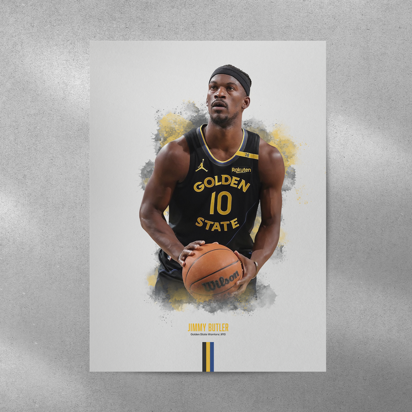 A poster of Jimmy Butler in a Golden State Warriors basketball uniform, holding a basketball, with a white background.