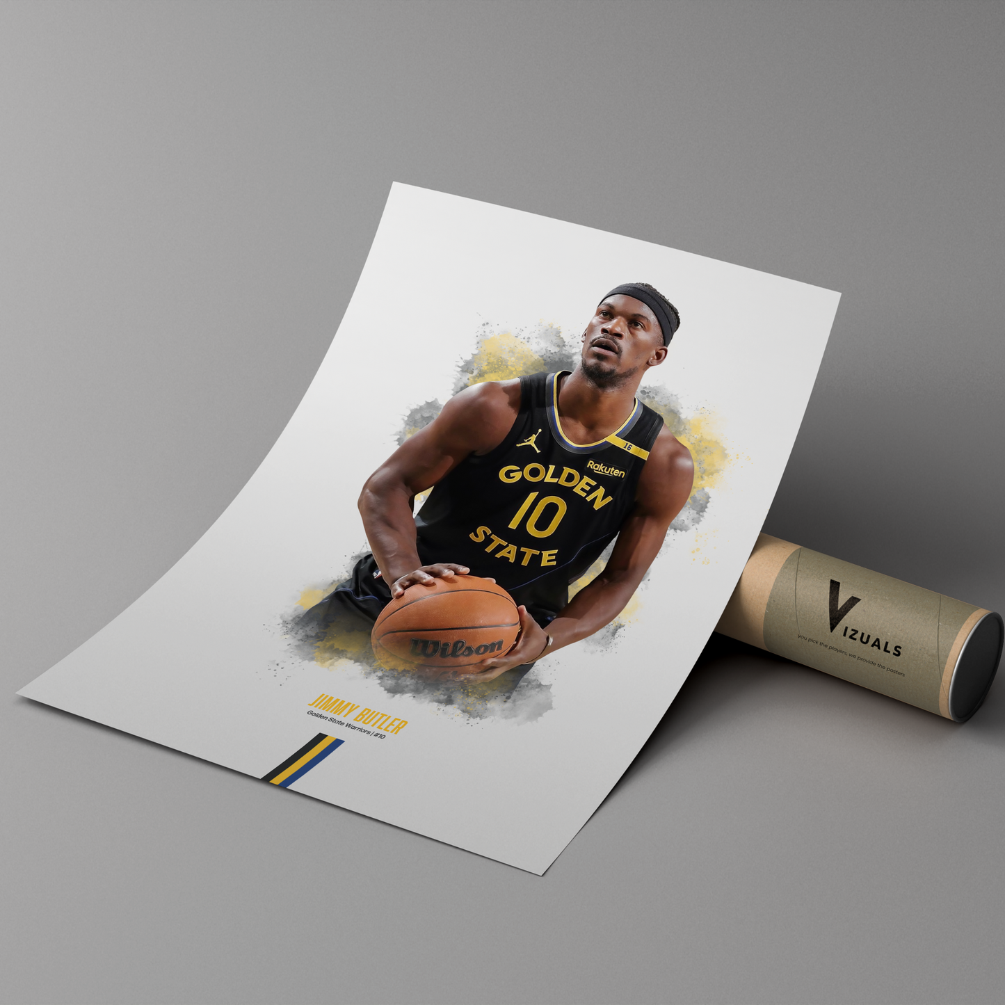 A poster of Jimmy Butler in a Golden State Warriors basketball uniform, holding a basketball, with a white background.