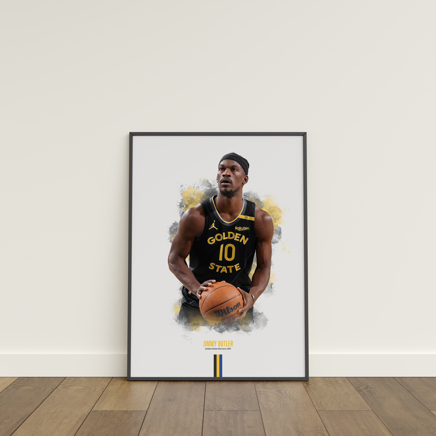 A framed poster of Jimmy Butler in a Golden State Warriors basketball uniform, holding a basketball, with a white background.
