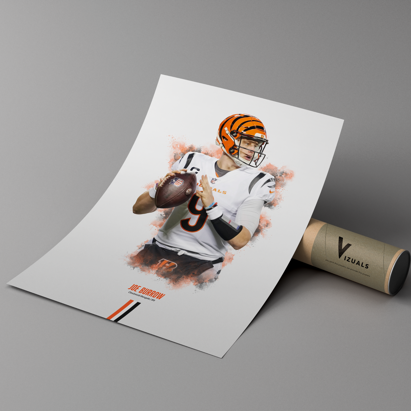 poster mockup leaning on a branded cardboard tube. poster of football player joe burrow playing for the Cincinnati Bengals.
