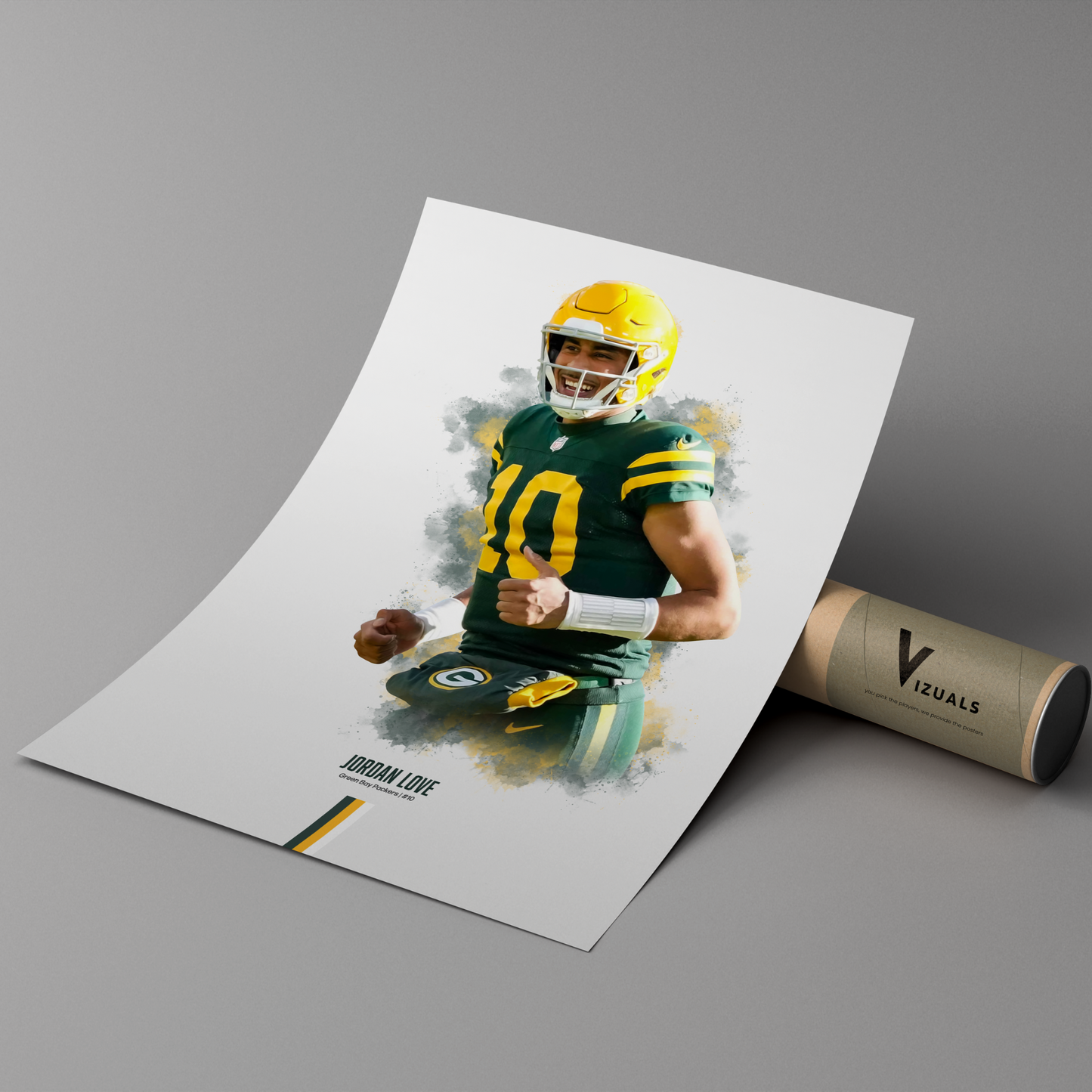 poster mockup leaning on a branded cardboard tube. poster of football player jordan love celebrating for the Green Bay Packers.