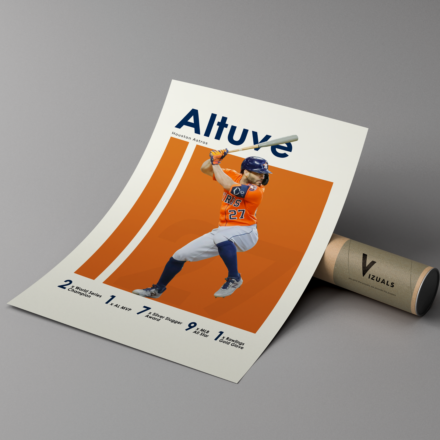 poster mockup leaning on a branded cardboard tube. poster of baseball player jose altuve playing for the Houston Astros.