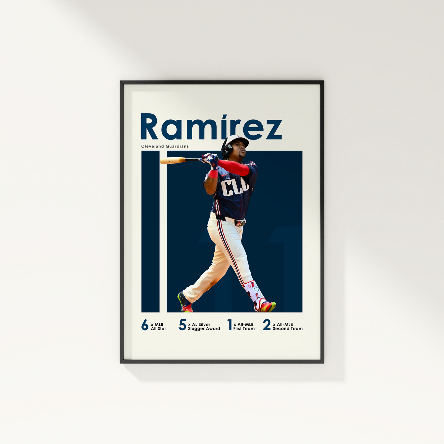 framed poster mockup hanging on a white wall. poster of baseball player jose ramirez playing for the Cleveland Guardians.