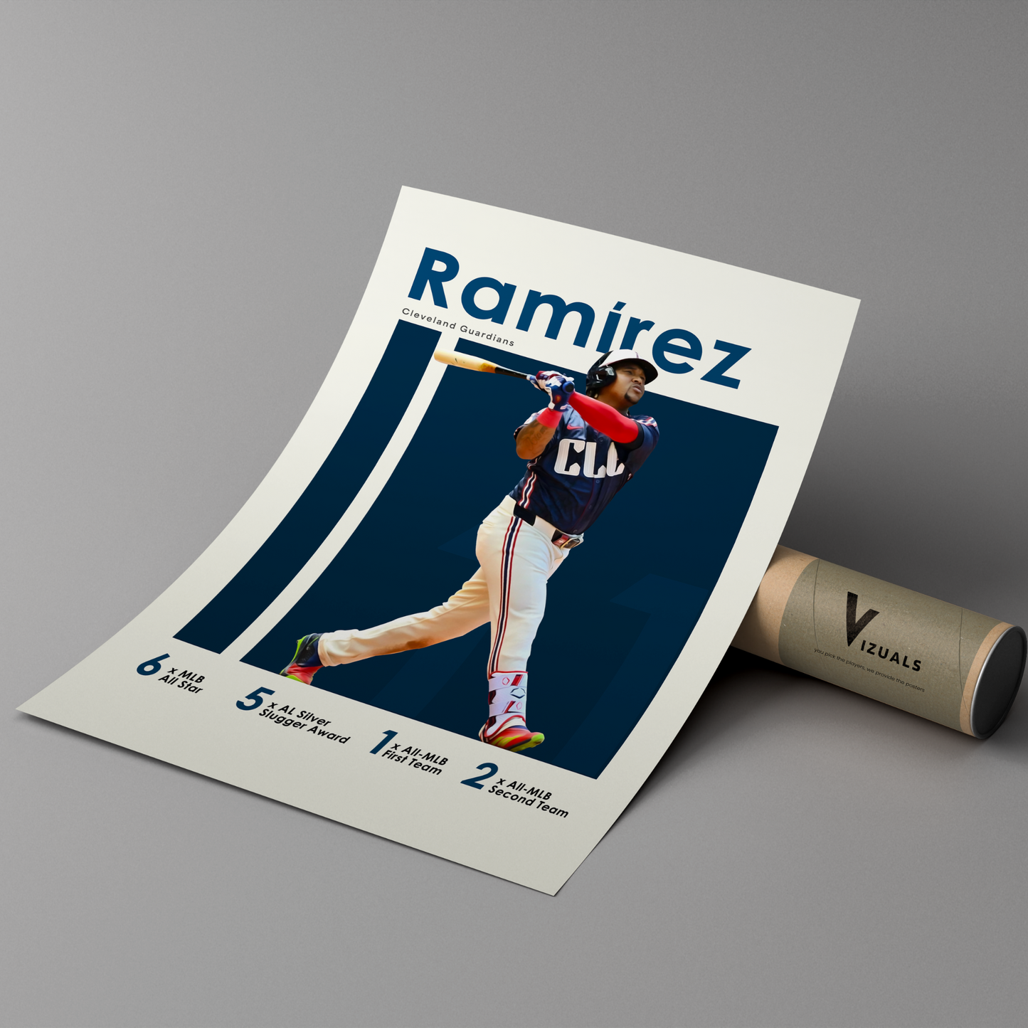 poster mockup leaning on a branded cardboard tube. poster of baseball player jose ramirez playing for the Cleveland Guardians.