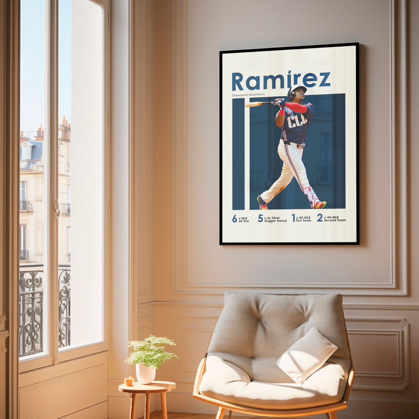 framed poster mockup hanging in a living room. poster of baseball player jose ramirez playing for the Cleveland Guardians.