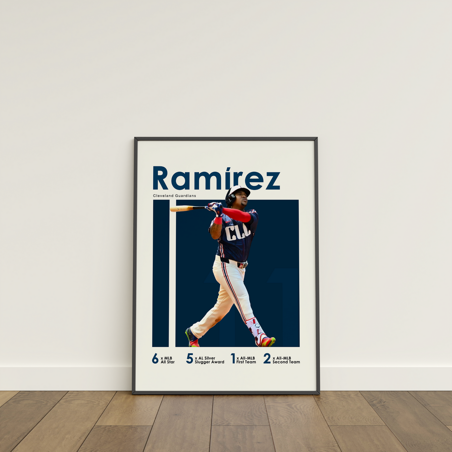 framed poster mockup leaning on a white wall. poster of baseball player jose ramirez playing for the Cleveland Guardians.