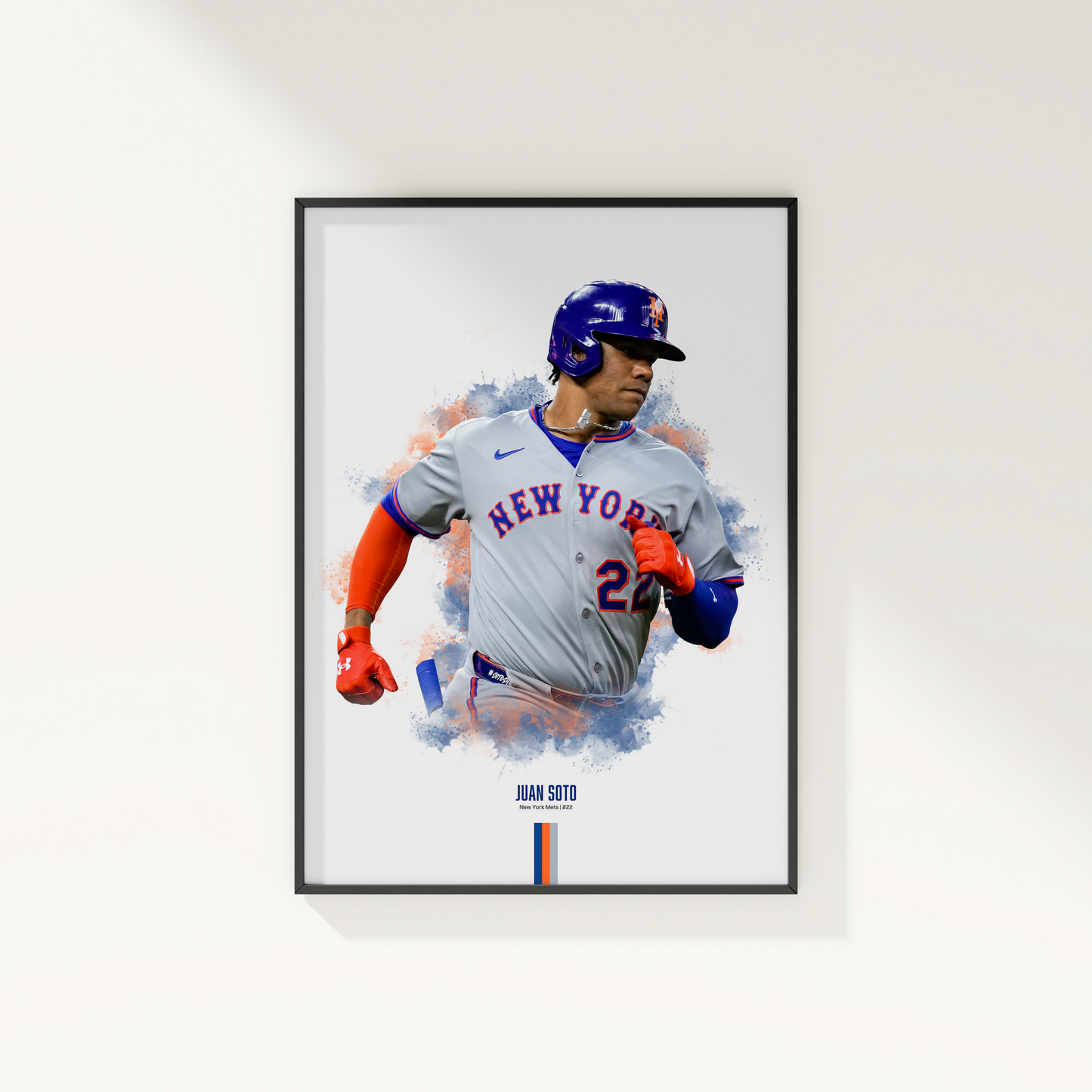 framed poster mockup hanging on a white wall. poster of baseball player juan soto playing for the new york mets.
