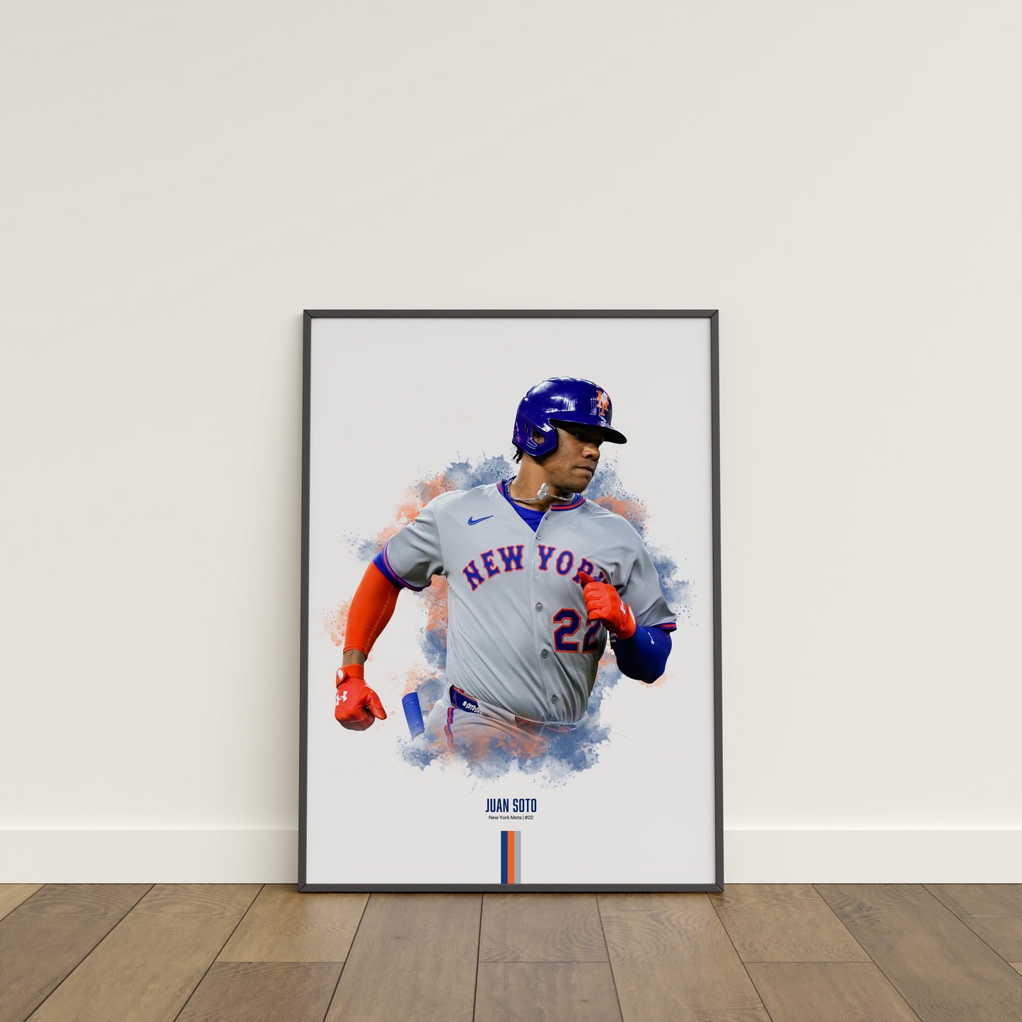 framed poster mockup leaning on a white wall. poster of baseball player juan soto playing for the new york mets.