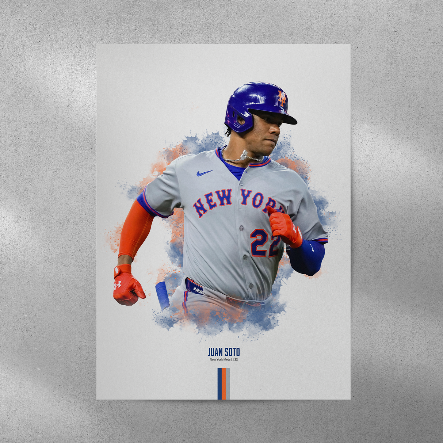 poster mockup on a grey wall. poster of baseball player juan soto playing for the new york mets.