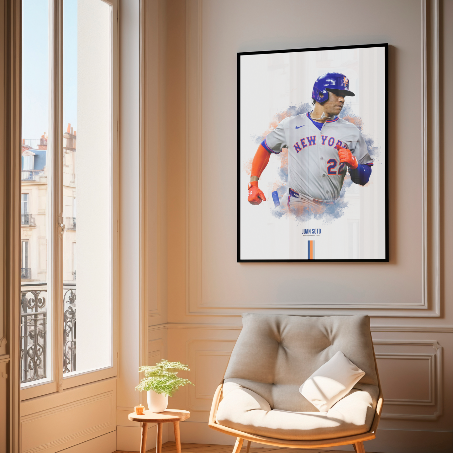 framed poster mockup hanging in a living room. poster of baseball player juan soto playing for the new york mets.